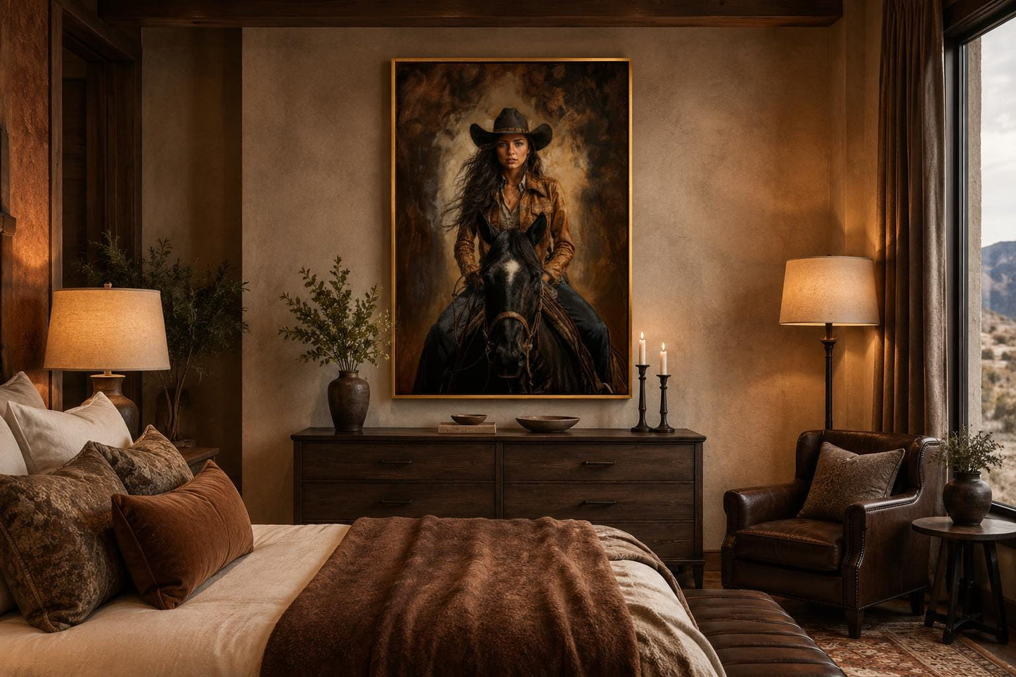 Cowgirl Portrait Riding a Black Horse in Warm Sepia Tones, Western Wall Art