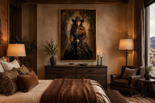 Cowgirl Portrait Riding a Black Horse in Warm Sepia Tones, Western Wall Art