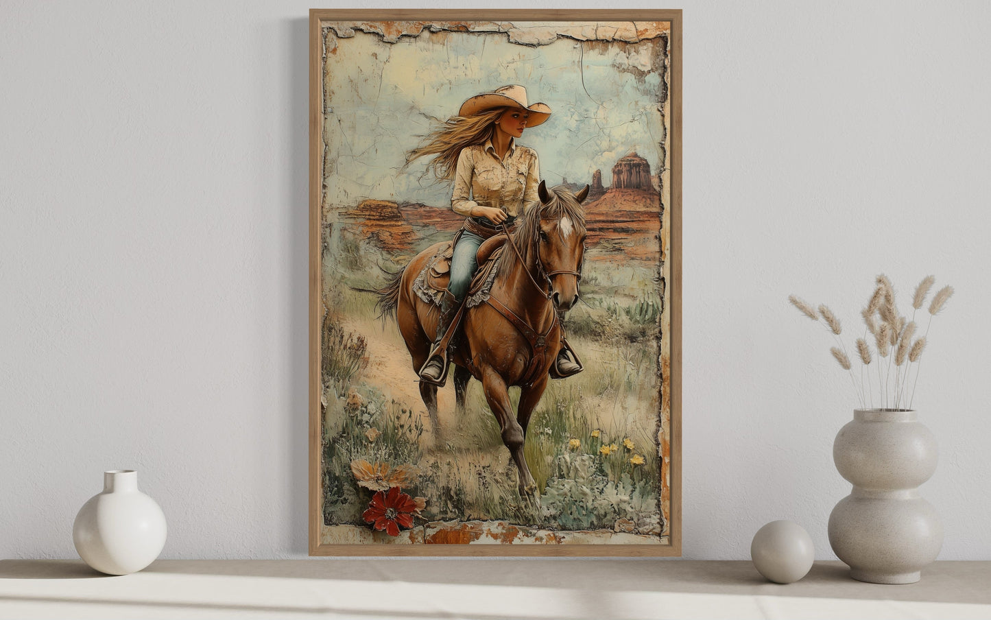 Cowgirl Riding A Horse In The Desert Framed Canvas Wall Art