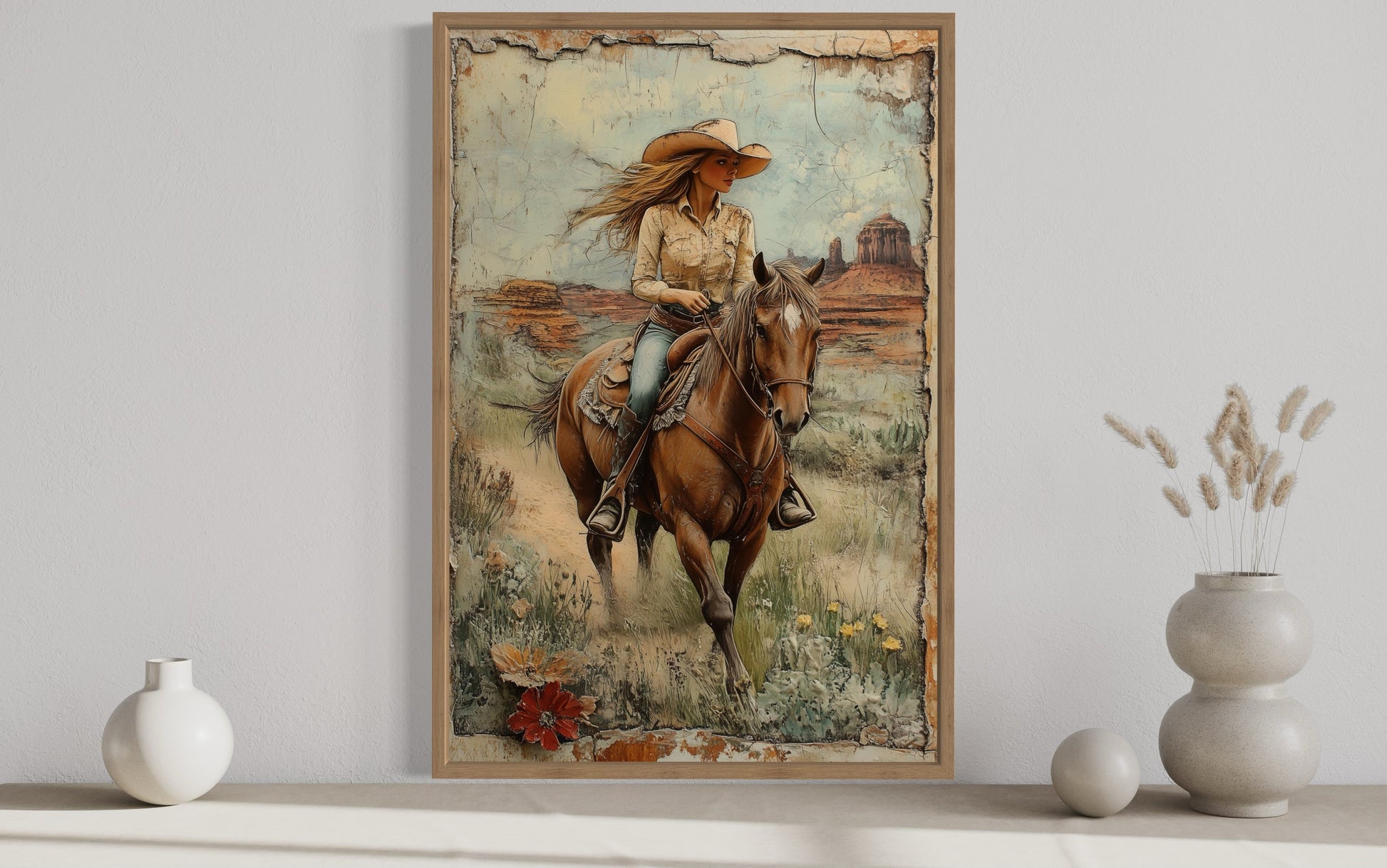 Cowgirl Riding A Horse In The Desert Framed Canvas Wall Art