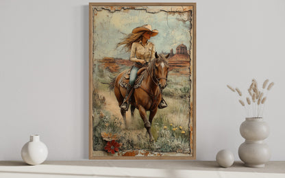 Cowgirl Riding A Horse In The Desert Framed Canvas Wall Art