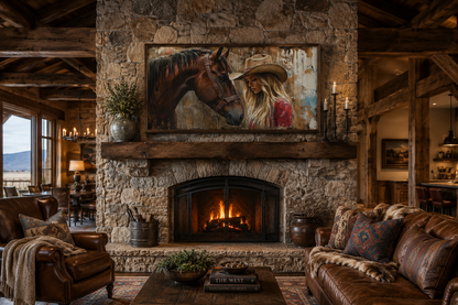 Cowgirl And Horse Graffiti Framed Canvas Wall Art For Western Room Decor