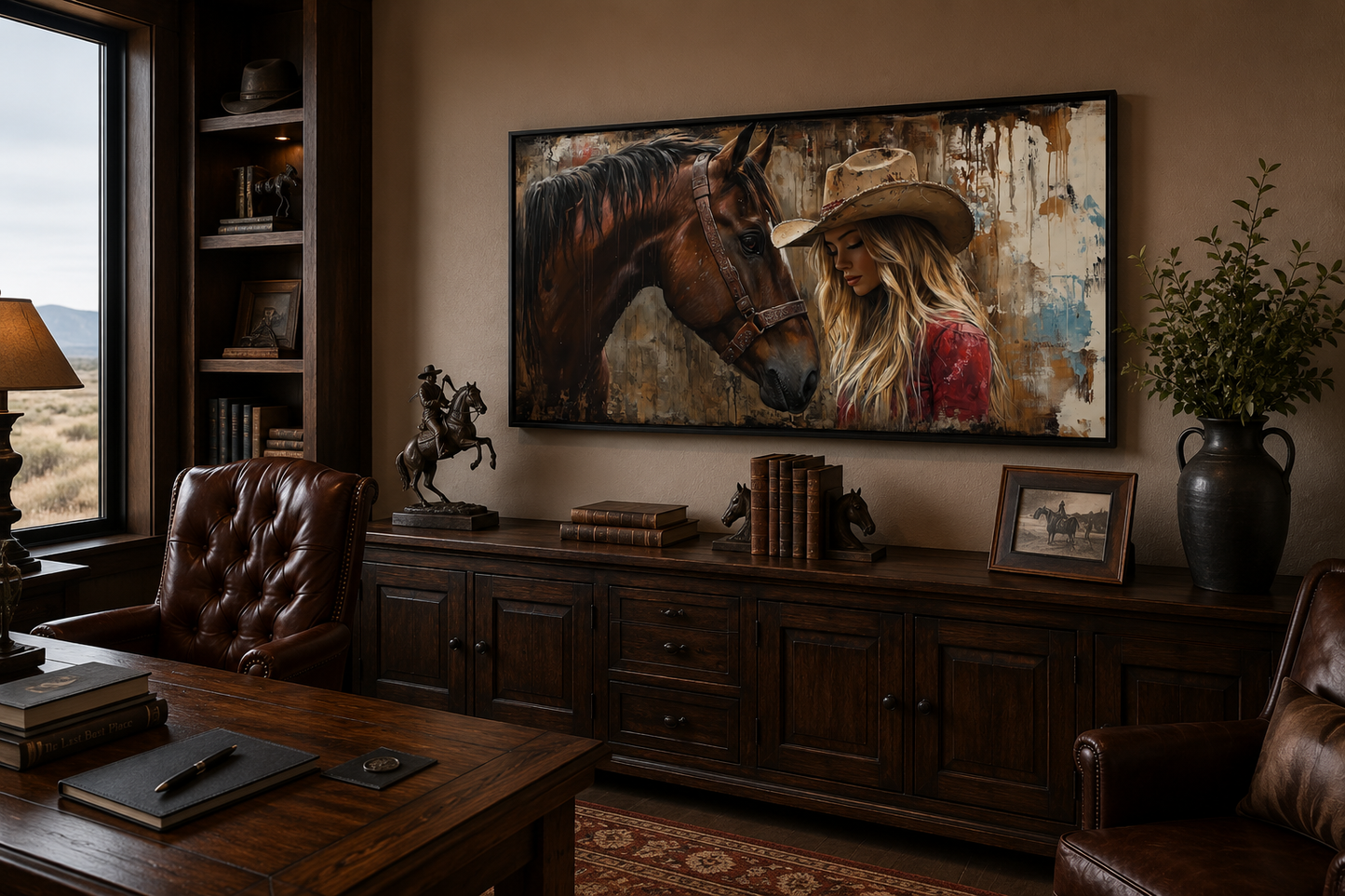 Cowgirl And Horse Graffiti Framed Canvas Wall Art For Western Room Decor