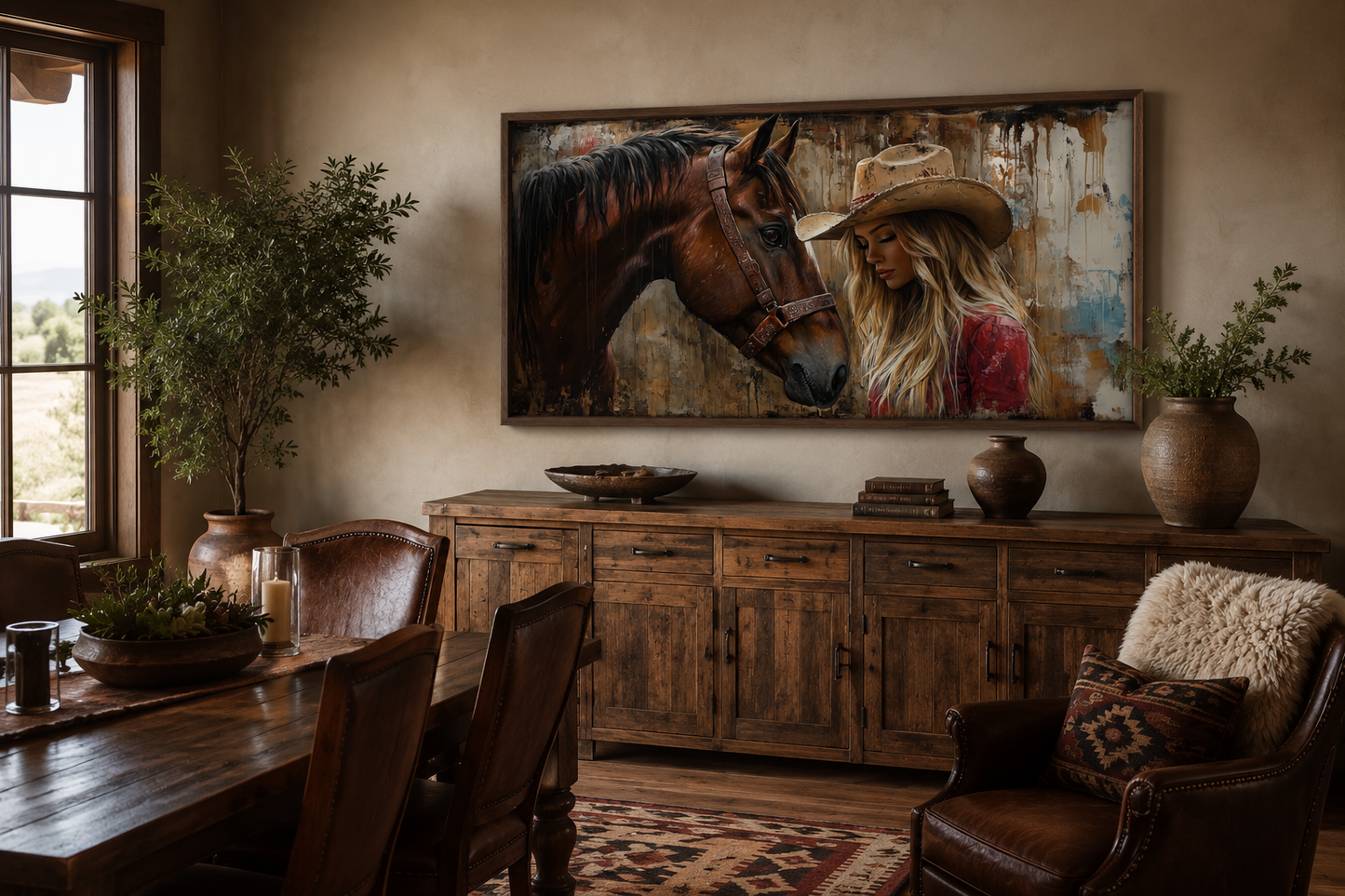 Cowgirl And Horse Graffiti Framed Canvas Wall Art For Western Room Decor
