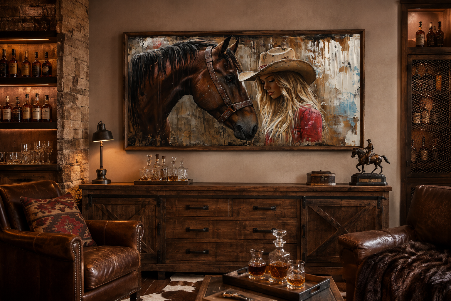 Cowgirl And Horse Graffiti Framed Canvas Wall Art For Western Room Decor