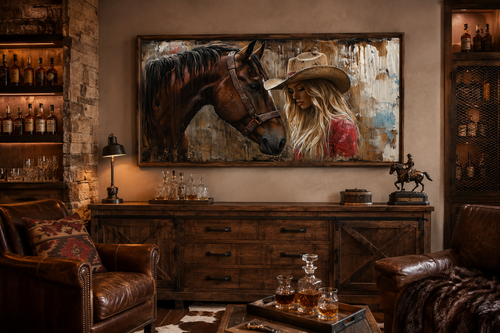 Cowgirl And Horse Graffiti Framed Canvas Wall Art For Western Room Decor
