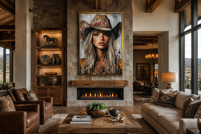 Cowgirl Rustic Graffiti Portrait Framed Canvas Wall Art
