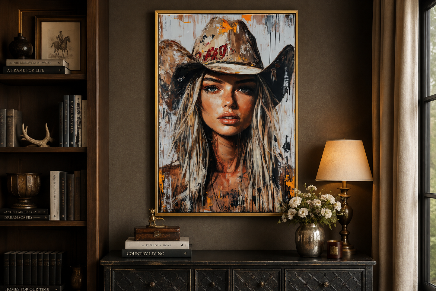 Cowgirl Rustic Graffiti Portrait Framed Canvas Wall Art