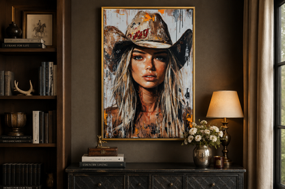 Cowgirl Rustic Graffiti Portrait Framed Canvas Wall Art