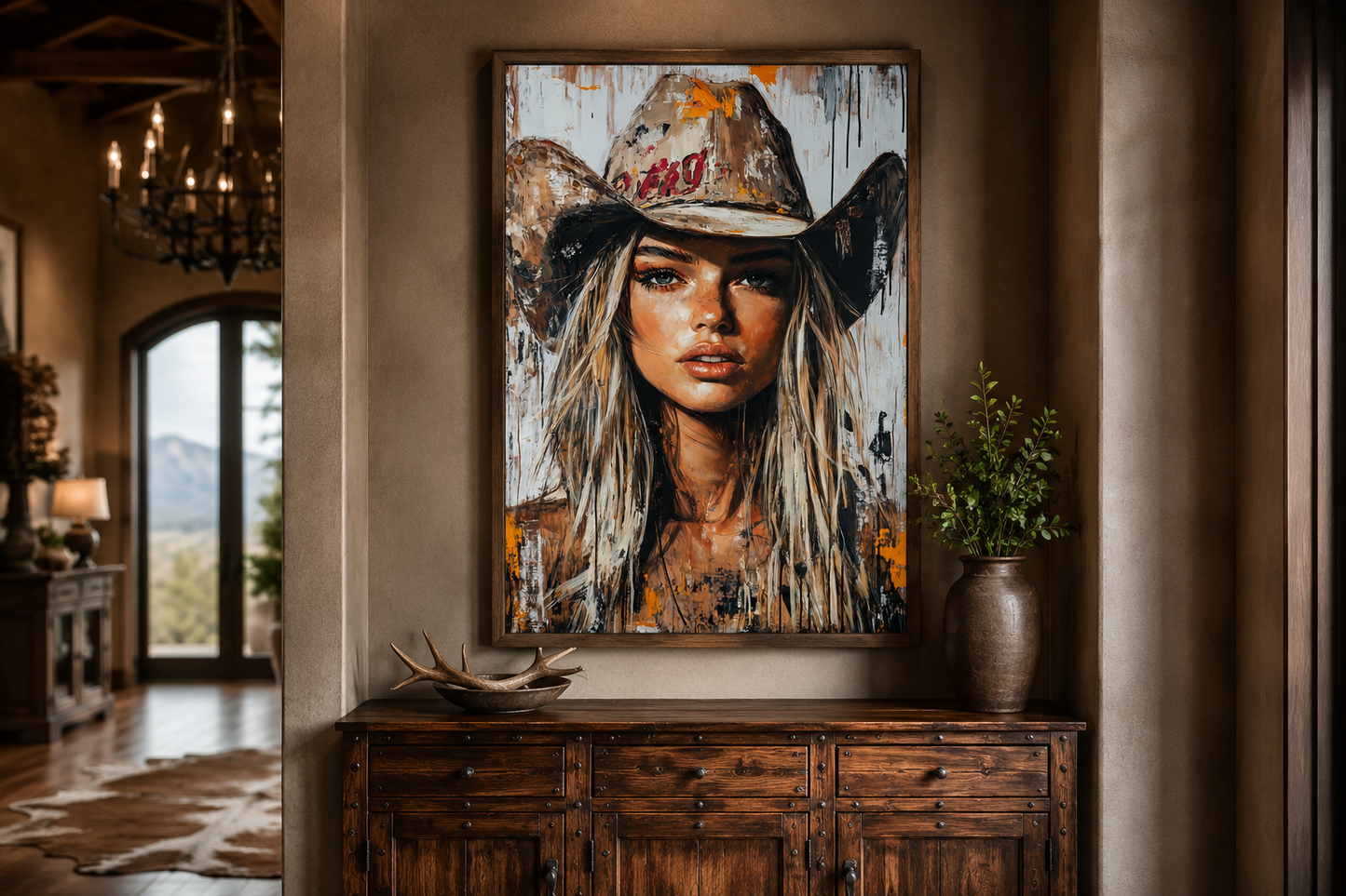 Cowgirl Rustic Graffiti Portrait Framed Canvas Wall Art