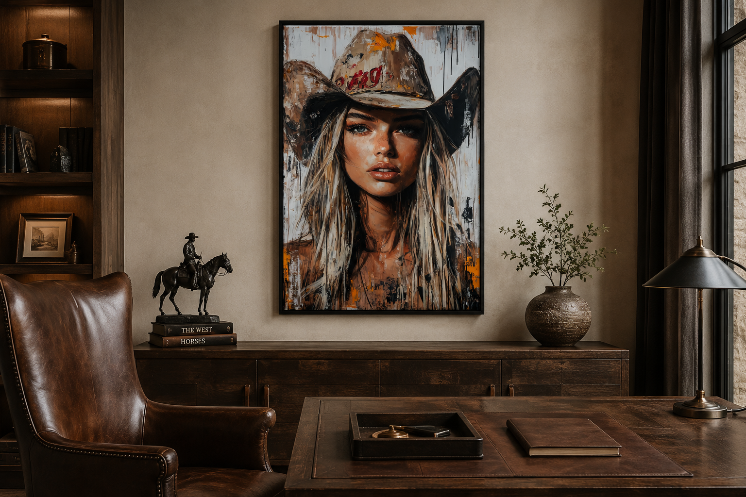Cowgirl Rustic Graffiti Portrait Framed Canvas Wall Art