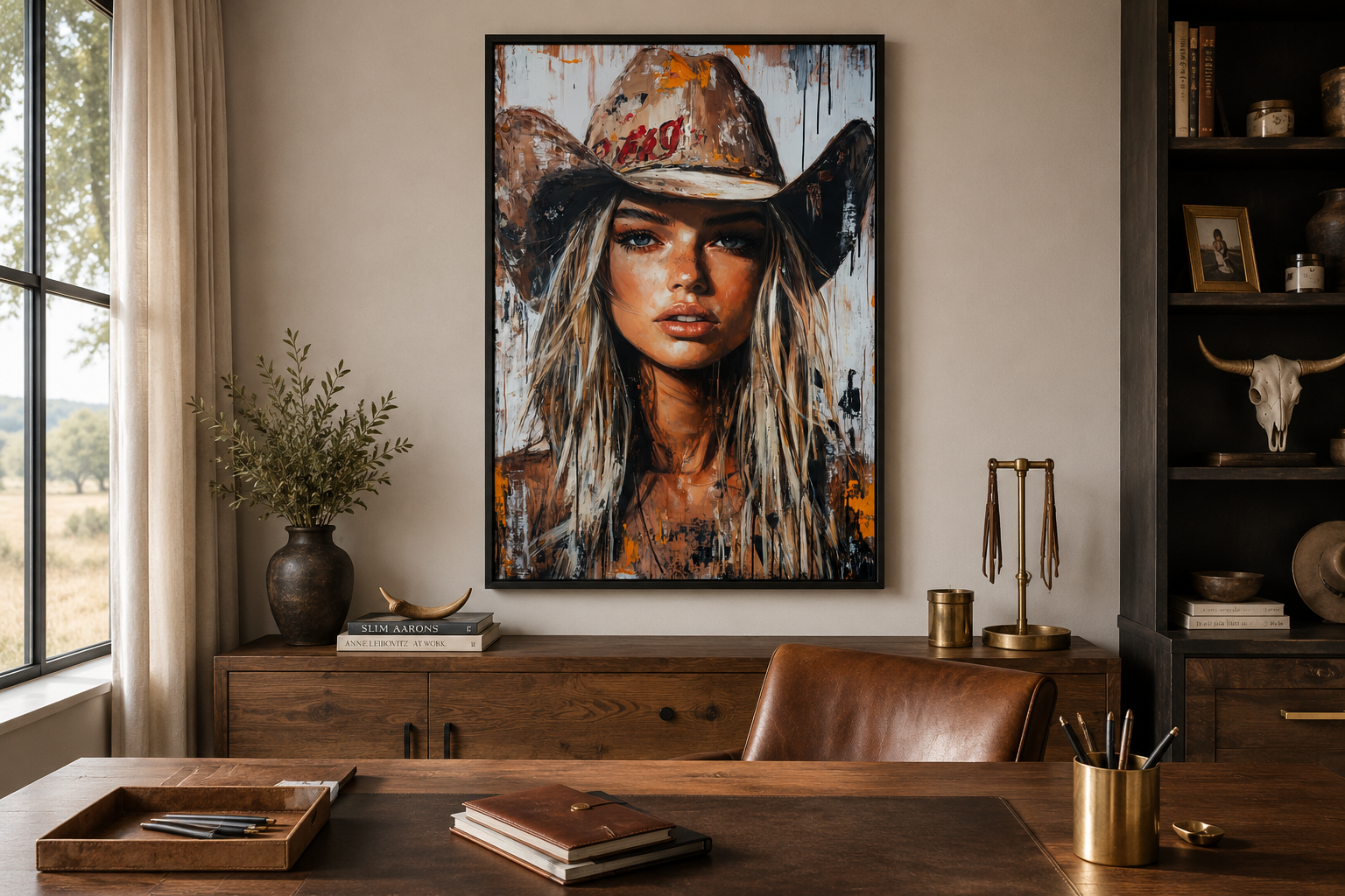 Cowgirl Rustic Graffiti Portrait Framed Canvas Wall Art