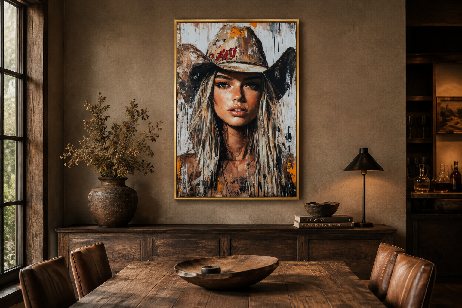 Cowgirl Rustic Graffiti Portrait Framed Canvas Wall Art