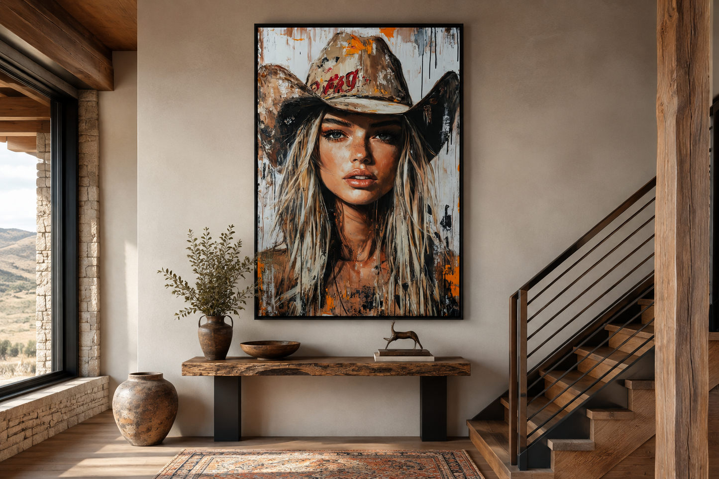 Cowgirl Rustic Graffiti Portrait Framed Canvas Wall Art