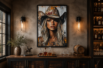 Cowgirl Rustic Graffiti Portrait Framed Canvas Wall Art