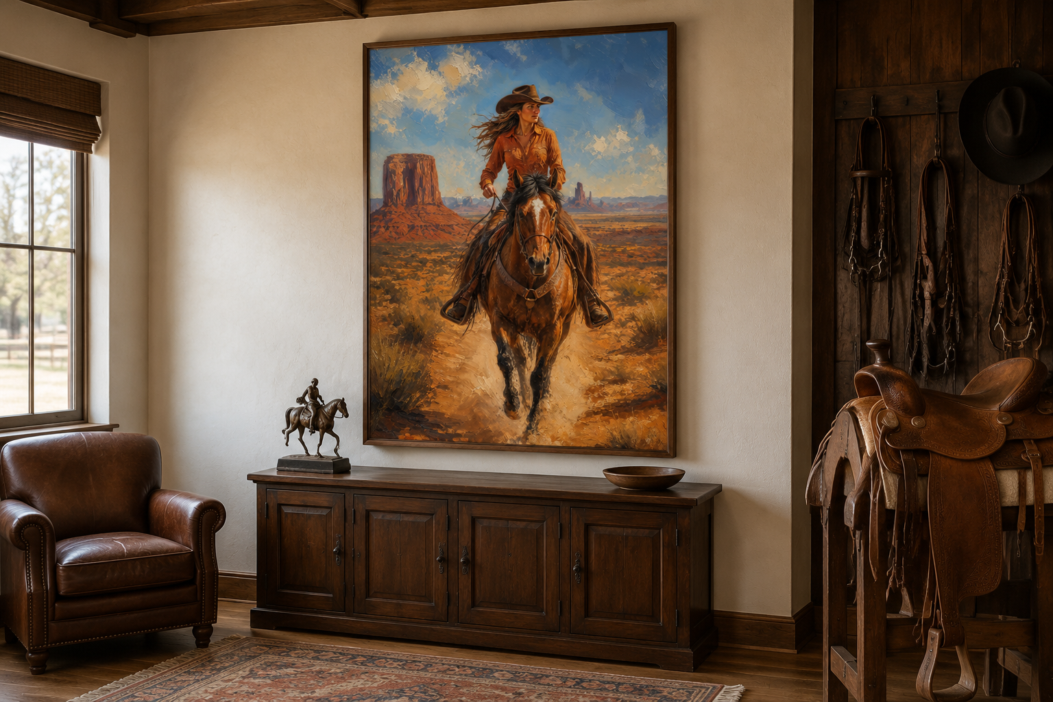 Cowgirl Riding A Horse In Monument Valley Framed Canvas Wall Art