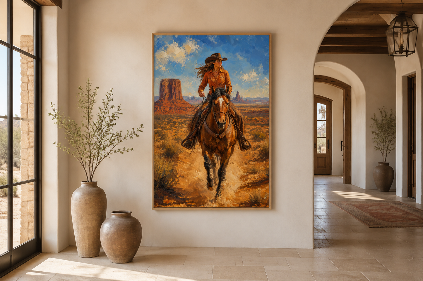 Cowgirl Riding A Horse In Monument Valley Framed Canvas Wall Art