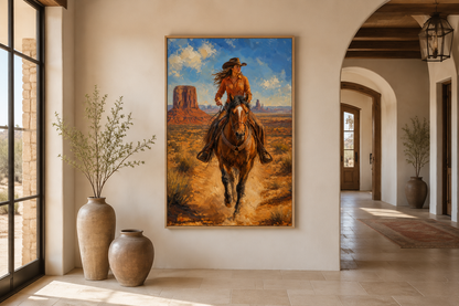 Cowgirl Riding A Horse In Monument Valley Framed Canvas Wall Art