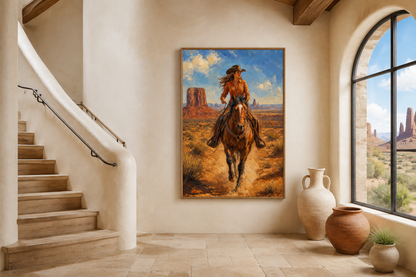 Cowgirl Riding A Horse In Monument Valley Framed Canvas Wall Art