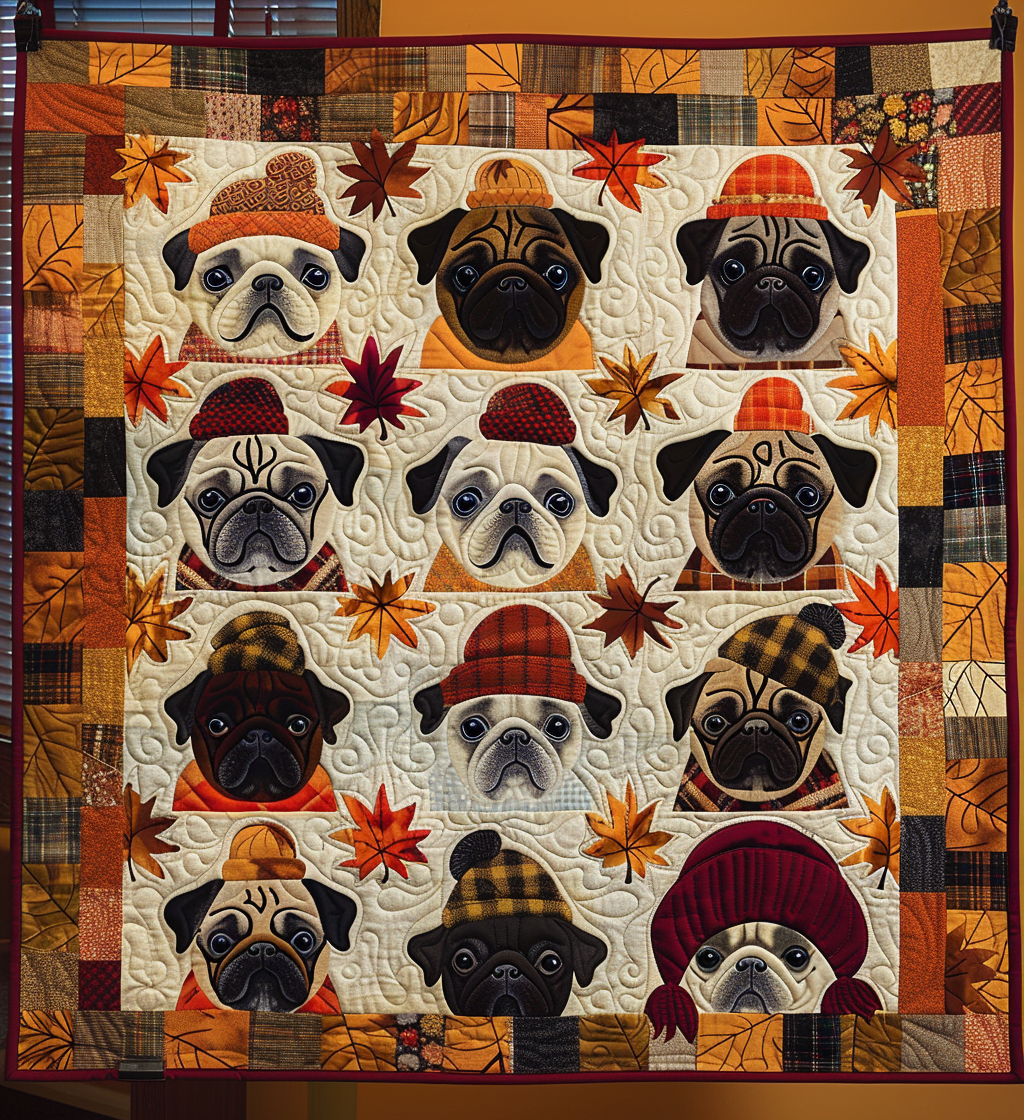 Cozy Pug Gathering Quilted Blanket - Throw (55" x 60")