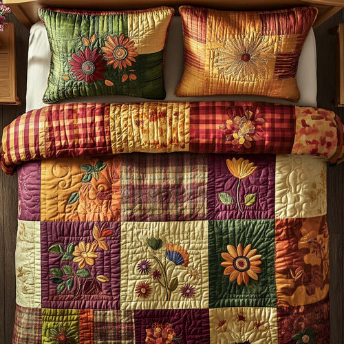 Cozy Floral Autumn 3-Piece Quilted Bedding Set - Single (59" x 70")