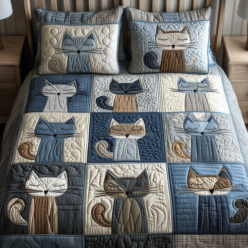 Cozy Patchwork Cat Haven 3-Piece Quilted Bedding Set - Single (59" x 70")