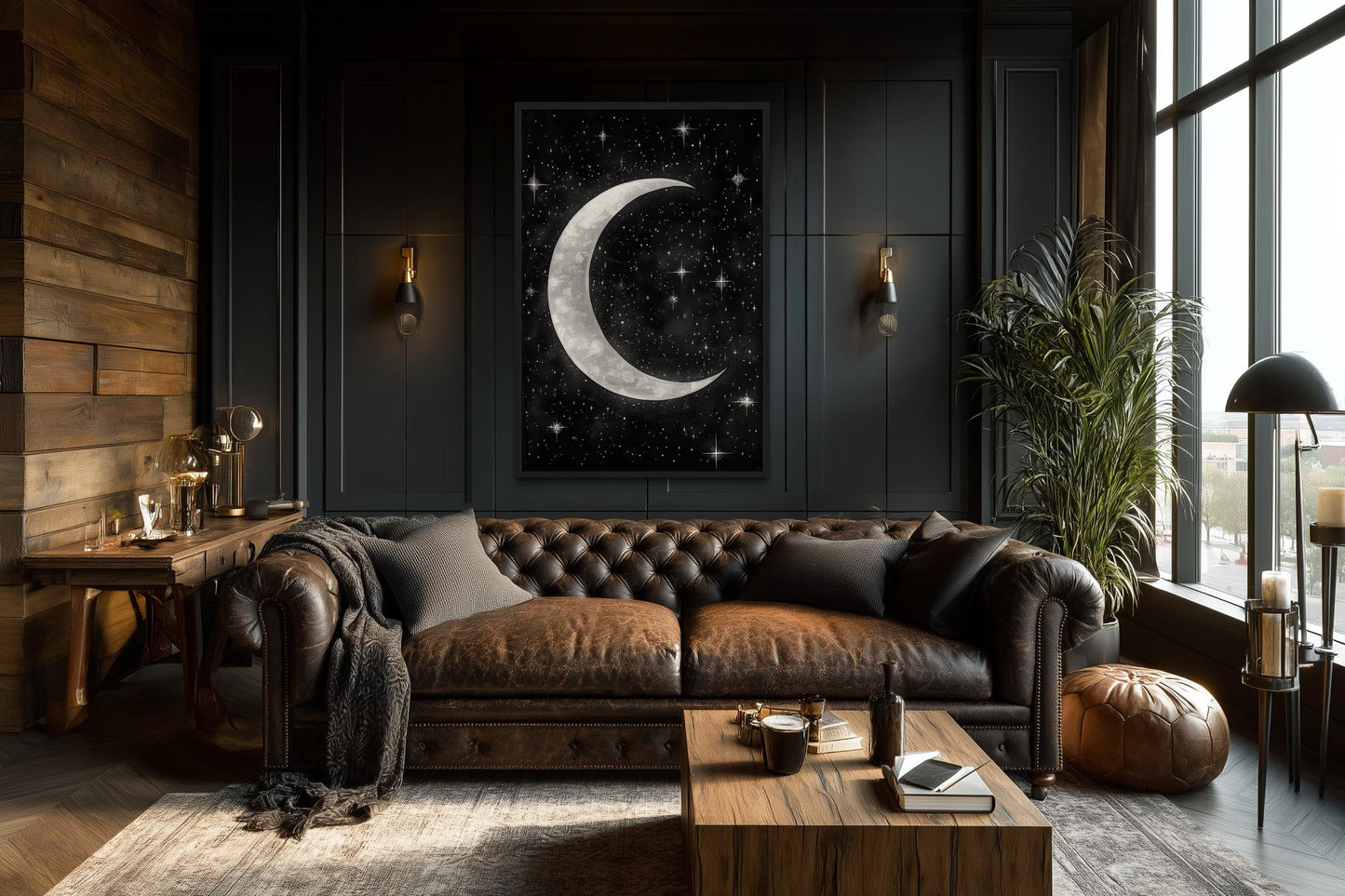 Crescent Moon and Stars Framed Canvas Wall Art