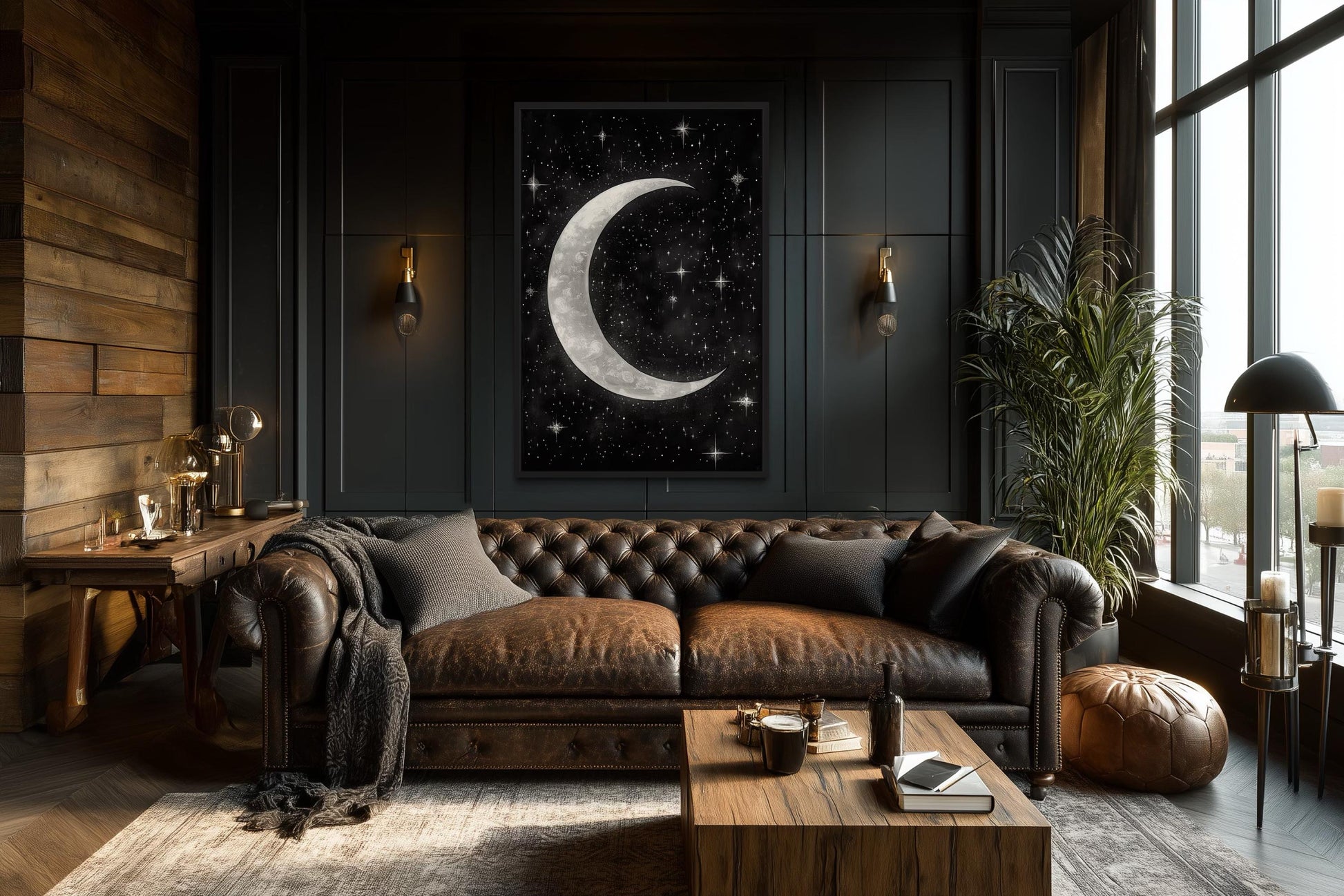 Crescent Moon and Stars Framed Canvas Wall Art