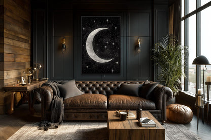 Crescent Moon and Stars Framed Canvas Wall Art