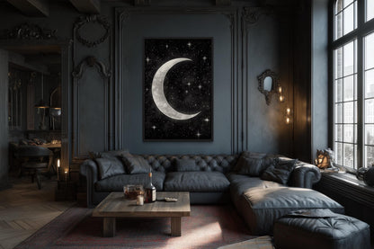 Crescent Moon and Stars Framed Canvas Wall Art