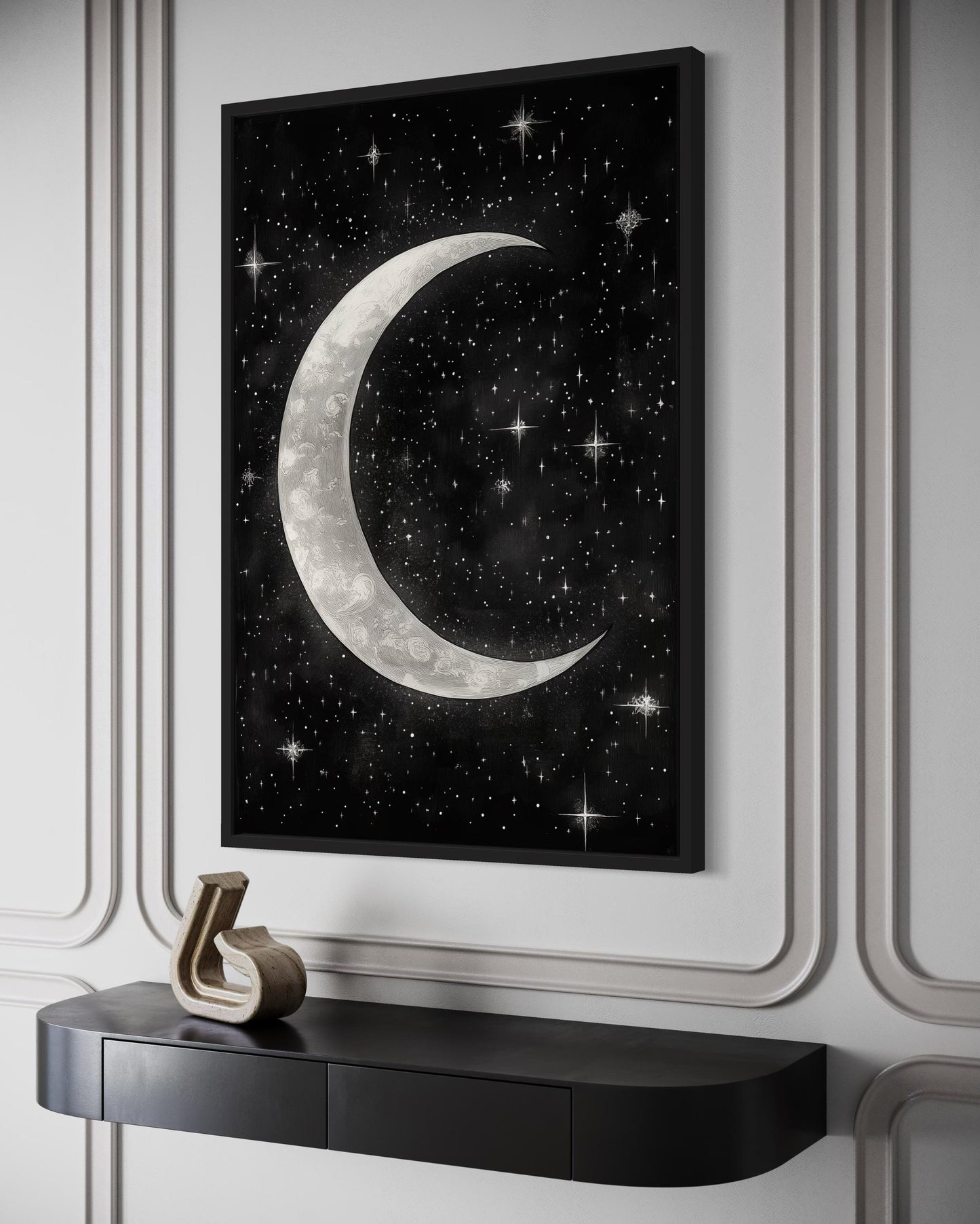 Crescent Moon and Stars Framed Canvas Wall Art