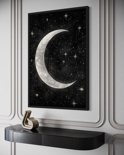 Crescent Moon and Stars Framed Canvas Wall Art