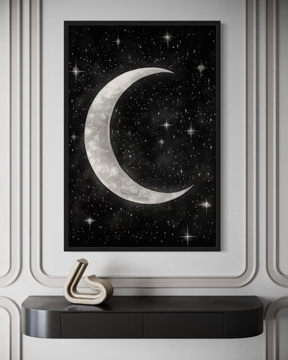 Crescent Moon and Stars Framed Canvas Wall Art