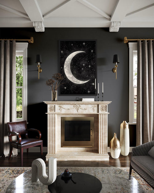Crescent Moon and Stars Framed Canvas Wall Art