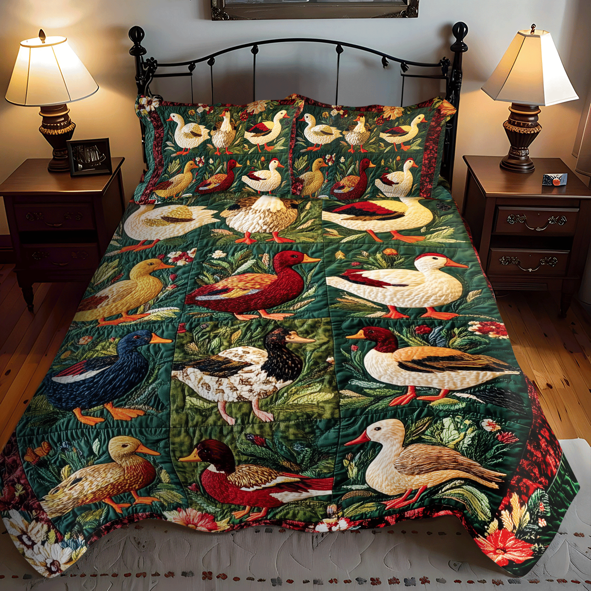 Crimson Duck Garden 3-Piece Quilted Bedding Set - Single (59" x 70")