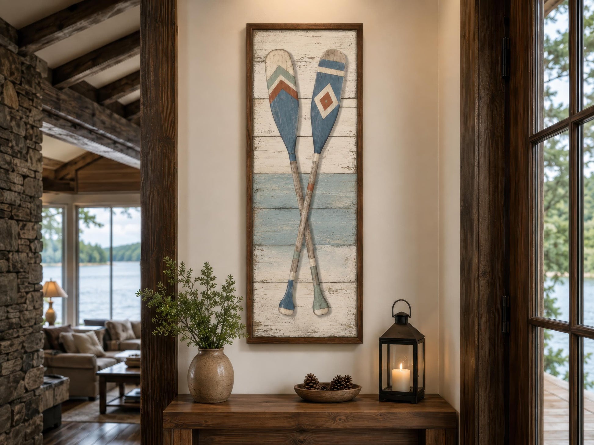 Crossed Oars Wall Art – Rustic Lake House Decor | Tall Narrow Canvas Paddle Painting