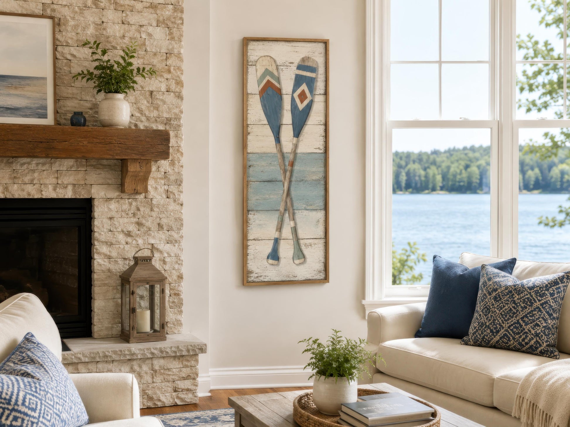 Crossed Oars Wall Art – Rustic Lake House Decor | Tall Narrow Canvas Paddle Painting
