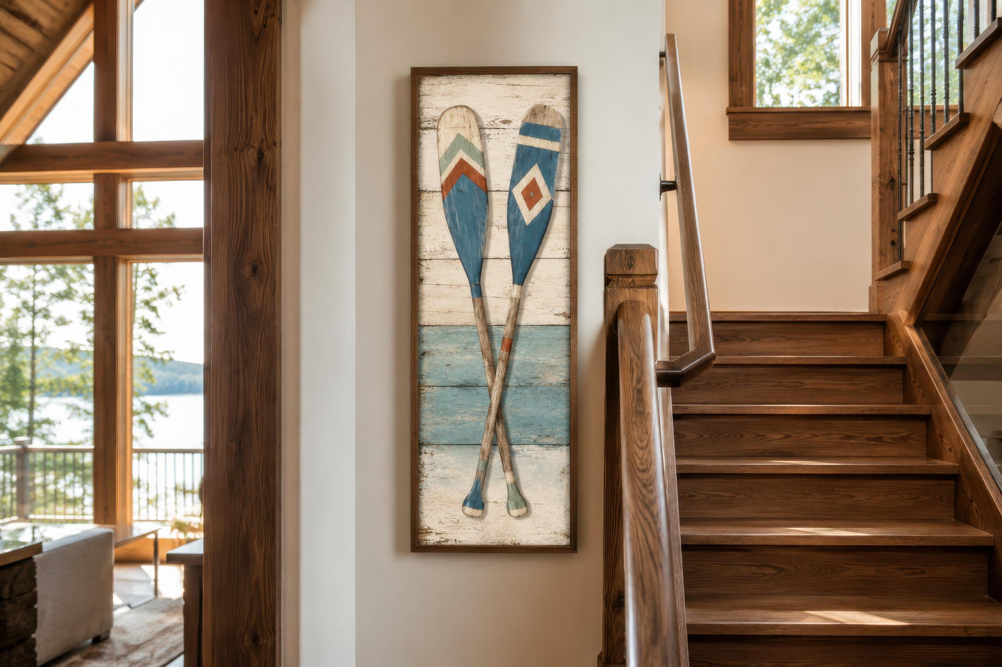 Crossed Oars Wall Art – Rustic Lake House Decor | Tall Narrow Canvas Paddle Painting