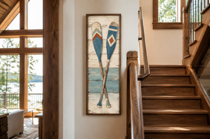 Crossed Oars Wall Art – Rustic Lake House Decor | Tall Narrow Canvas Paddle Painting