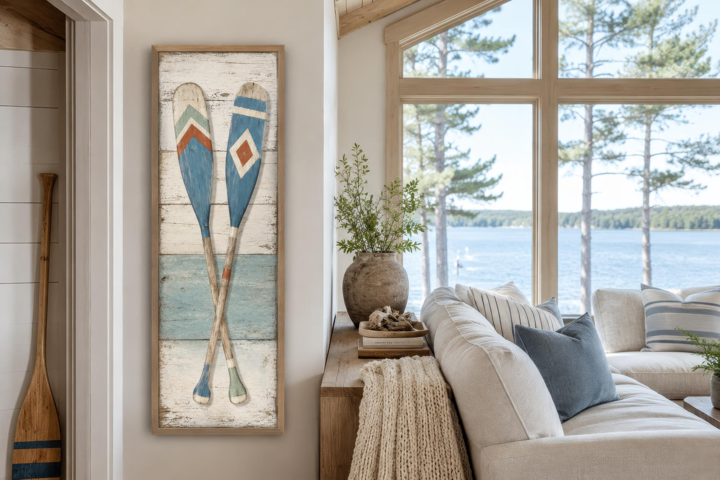Crossed Oars Wall Art – Rustic Lake House Decor | Tall Narrow Canvas Paddle Painting