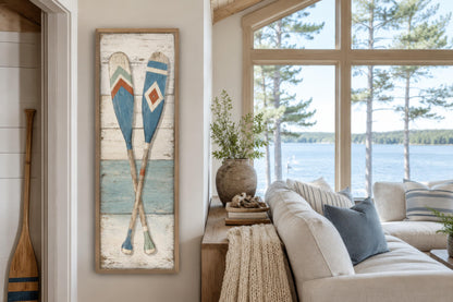 Crossed Oars Wall Art – Rustic Lake House Decor | Tall Narrow Canvas Paddle Painting