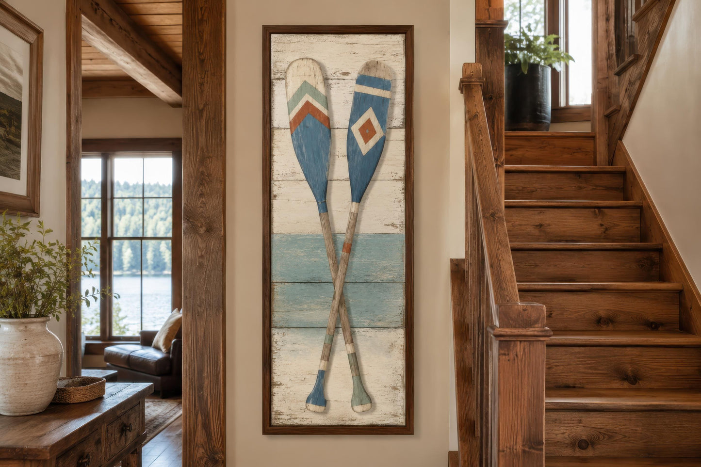Crossed Oars Wall Art – Rustic Lake House Decor | Tall Narrow Canvas Paddle Painting
