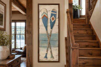 Crossed Oars Wall Art – Rustic Lake House Decor | Tall Narrow Canvas Paddle Painting