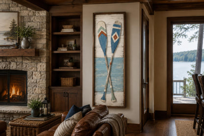 Crossed Oars Wall Art – Rustic Lake House Decor | Tall Narrow Canvas Paddle Painting