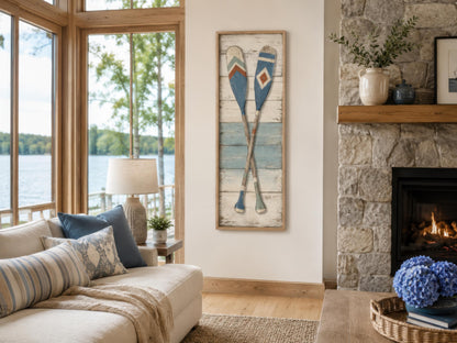 Crossed Oars Wall Art – Rustic Lake House Decor | Tall Narrow Canvas Paddle Painting