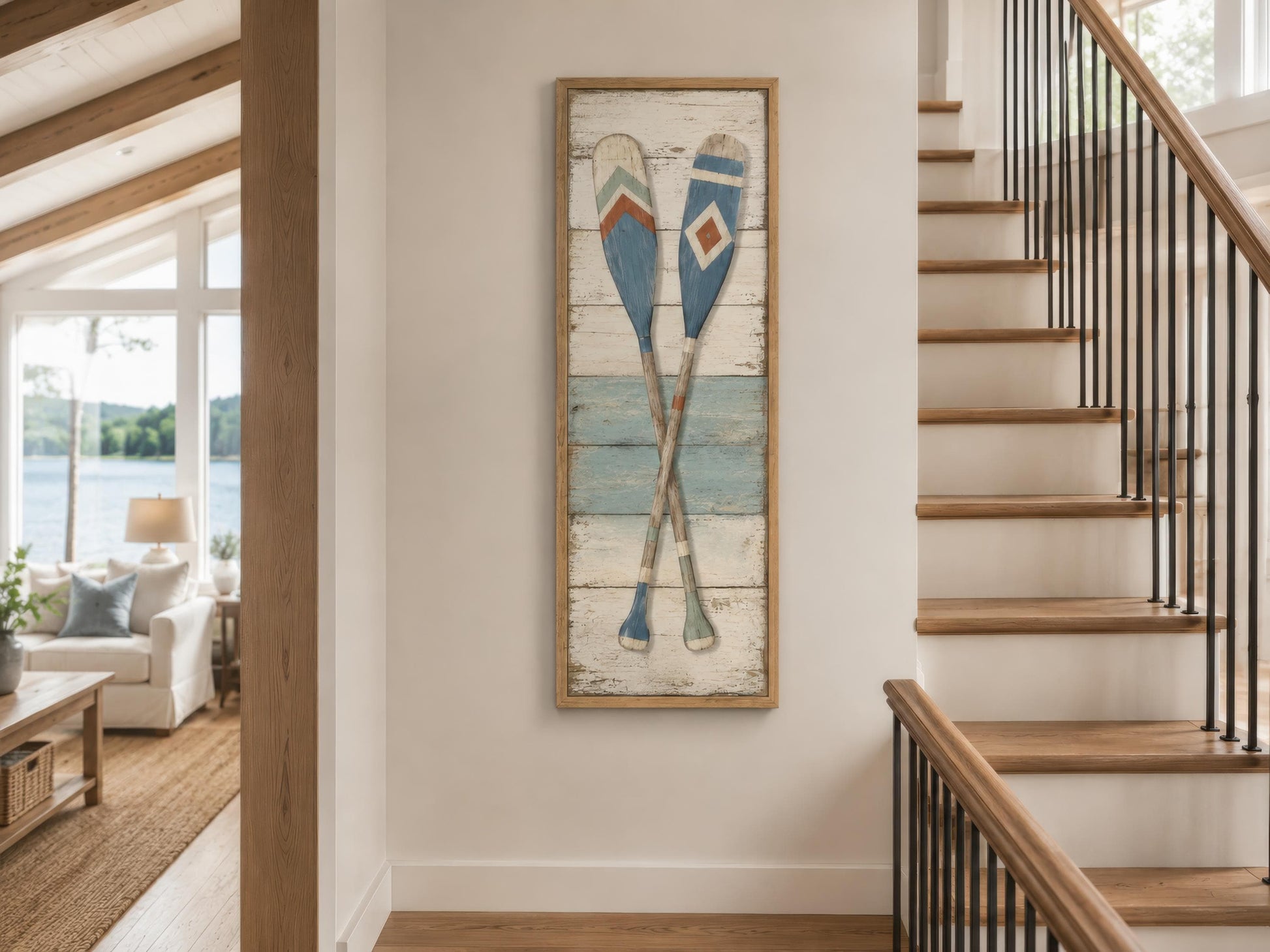 Crossed Oars Wall Art – Rustic Lake House Decor | Tall Narrow Canvas Paddle Painting