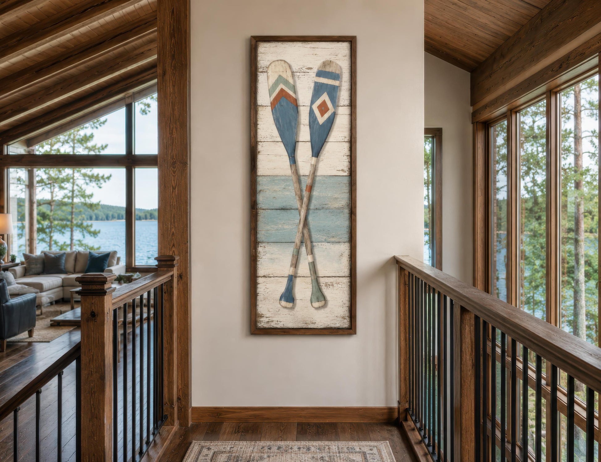 Crossed Oars Wall Art – Rustic Lake House Decor | Tall Narrow Canvas Paddle Painting