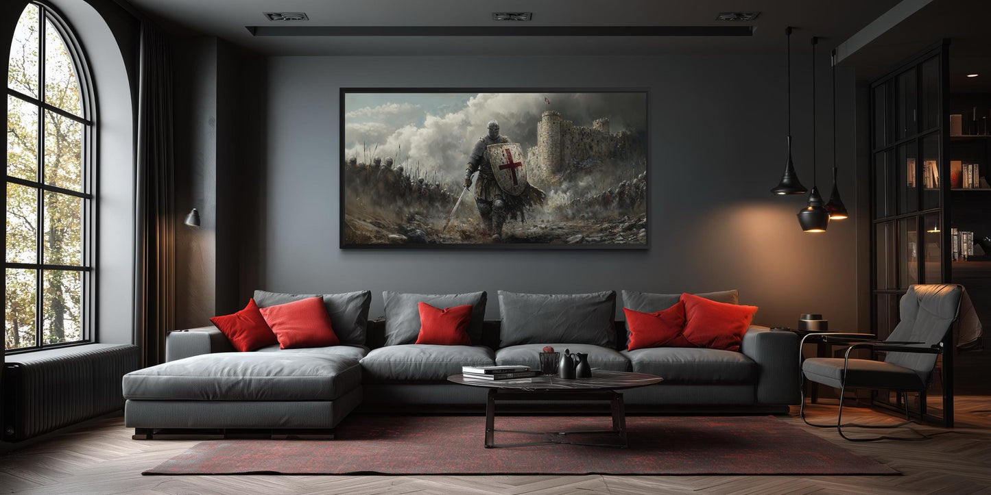Crusader Knight Wall Art - Extra Large Medieval Warrior Painting | Man Cave Decor