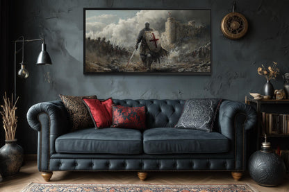 Crusader Knight Wall Art - Extra Large Medieval Warrior Painting | Man Cave Decor