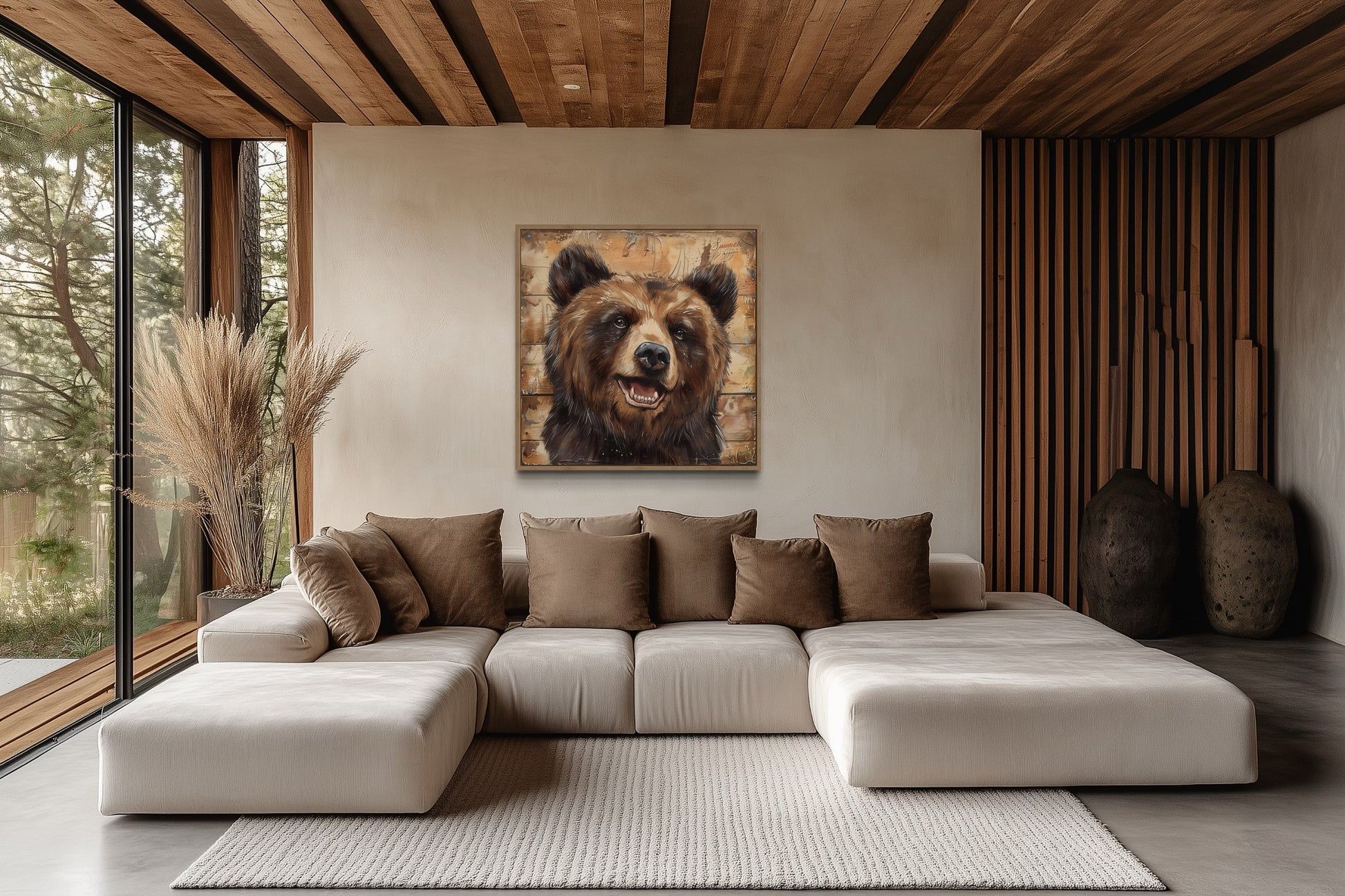 Cute Bear Portrait on Distressed Wood Framed Cabin Wall Decor Canvas Wall Art